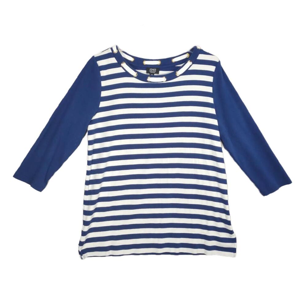 Jones New York Women's XL Navy Striped Nautical 3/4 Sleeve Shirt Top Coastal